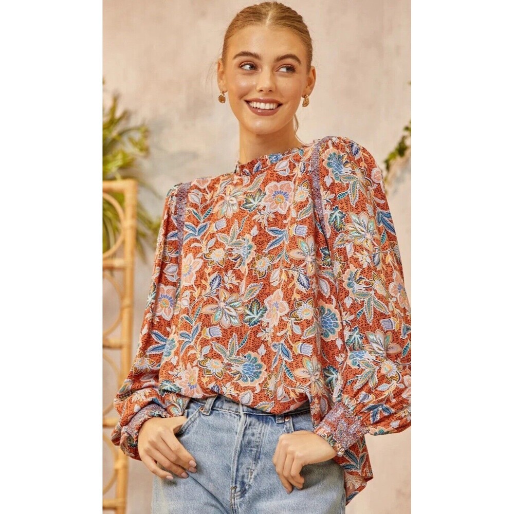 Orage Floral Rust Multi-Color Long-Sleeve Blouse